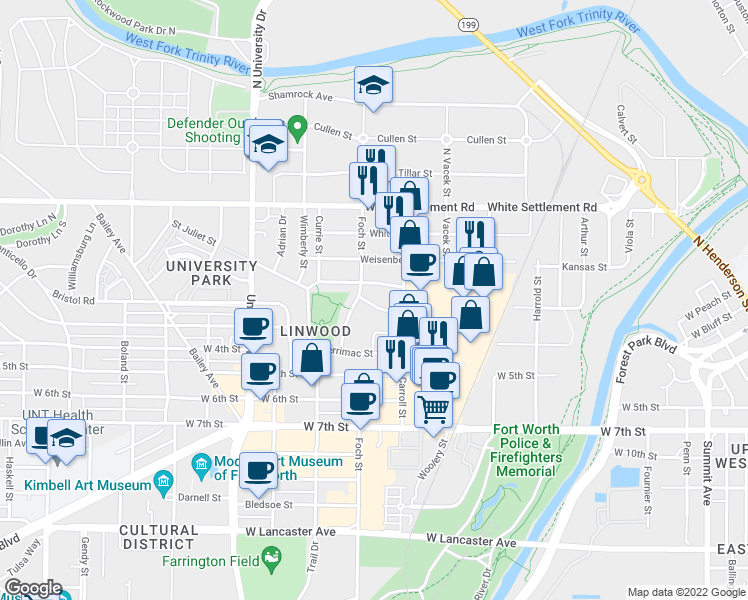 map of restaurants, bars, coffee shops, grocery stores, and more near 2720 Azalea Avenue in Fort Worth