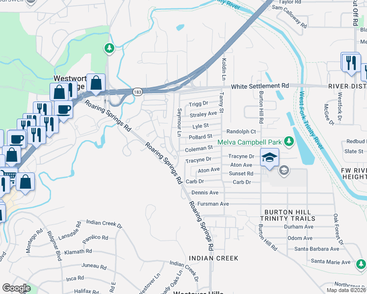 map of restaurants, bars, coffee shops, grocery stores, and more near 5856 Coleman Street in Westworth Village