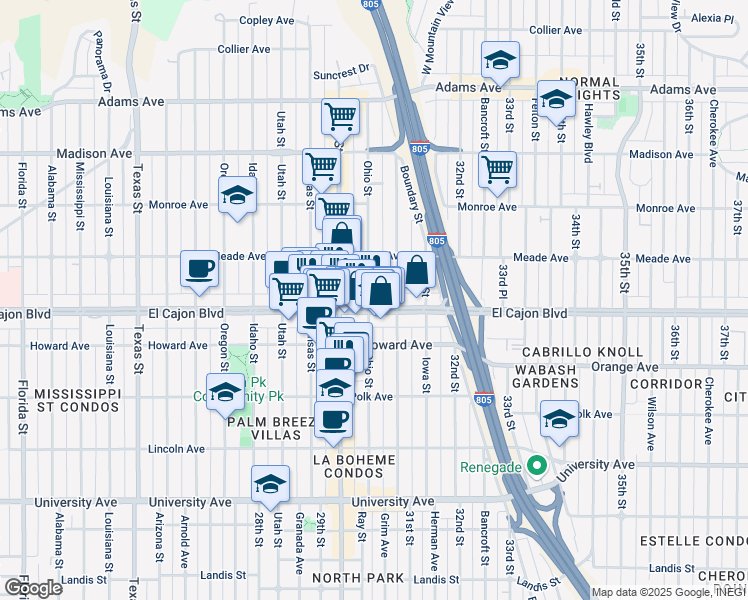 map of restaurants, bars, coffee shops, grocery stores, and more near 3046 El Cajon Boulevard in San Diego