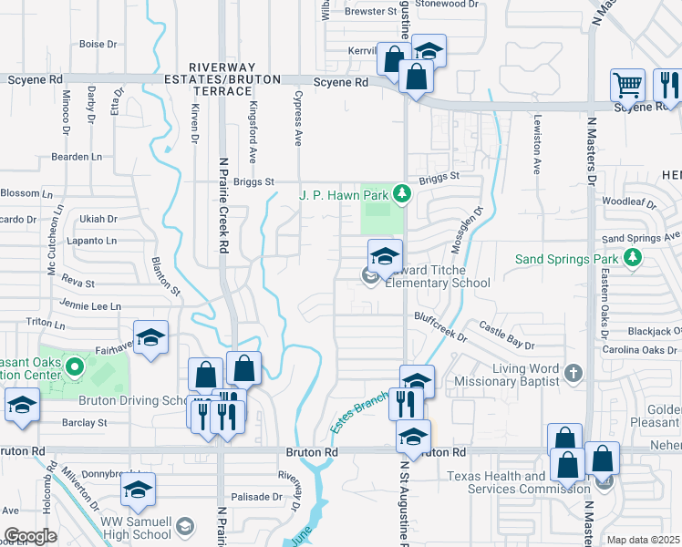 map of restaurants, bars, coffee shops, grocery stores, and more near 9507 Highfield Drive in Dallas
