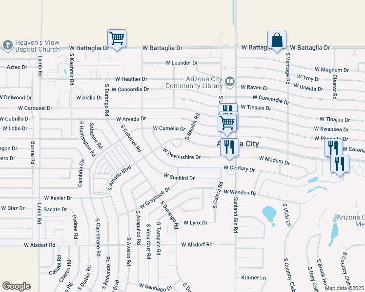 map of restaurants, bars, coffee shops, grocery stores, and more near 10147 West Tampka Lane in Arizona City