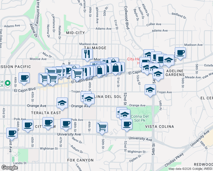 map of restaurants, bars, coffee shops, grocery stores, and more near 4340 50th Street in San Diego