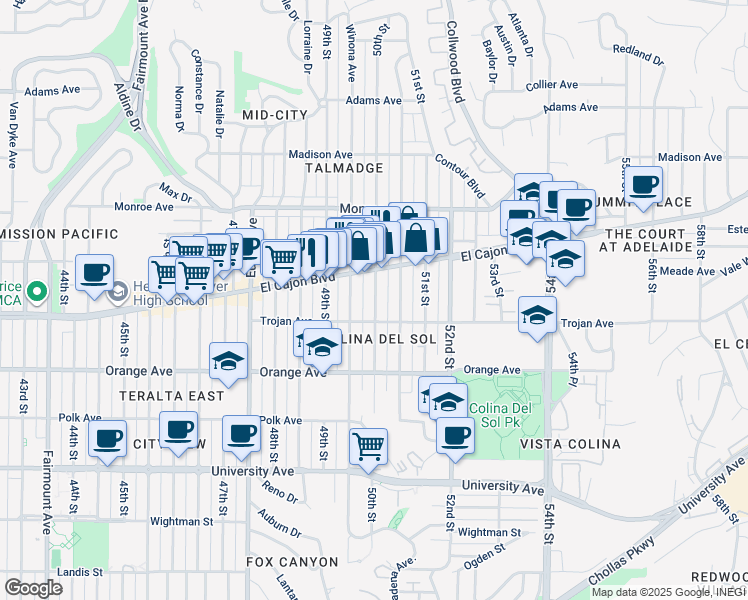 map of restaurants, bars, coffee shops, grocery stores, and more near 4340 50th Street in San Diego