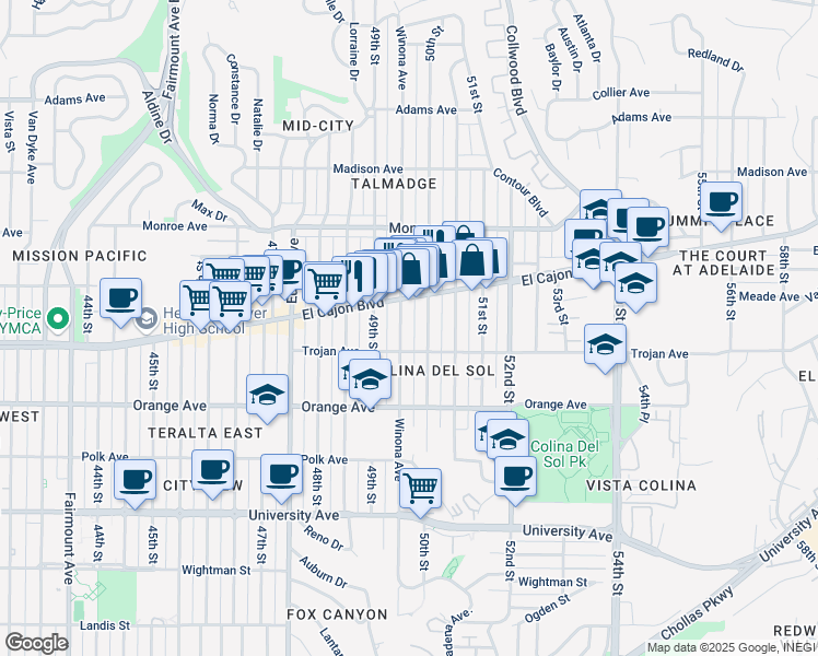 map of restaurants, bars, coffee shops, grocery stores, and more near 4340 50th Street in San Diego