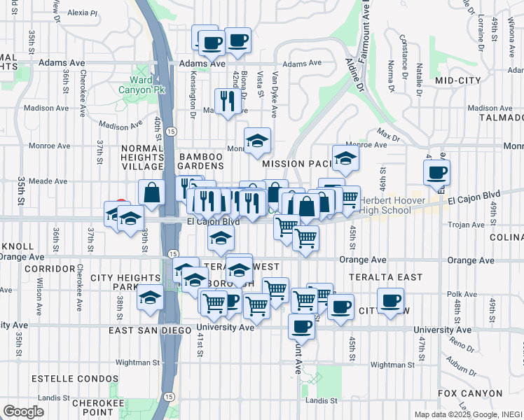 map of restaurants, bars, coffee shops, grocery stores, and more near 4244 El Cajon Boulevard in San Diego