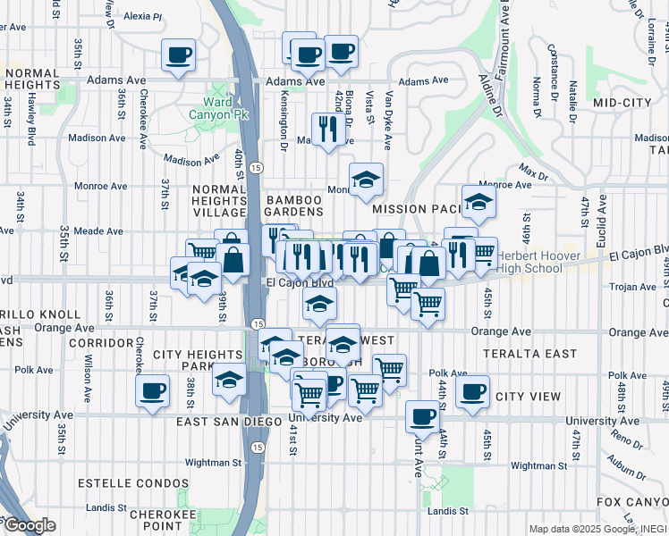 map of restaurants, bars, coffee shops, grocery stores, and more near 4307 42nd Street in San Diego