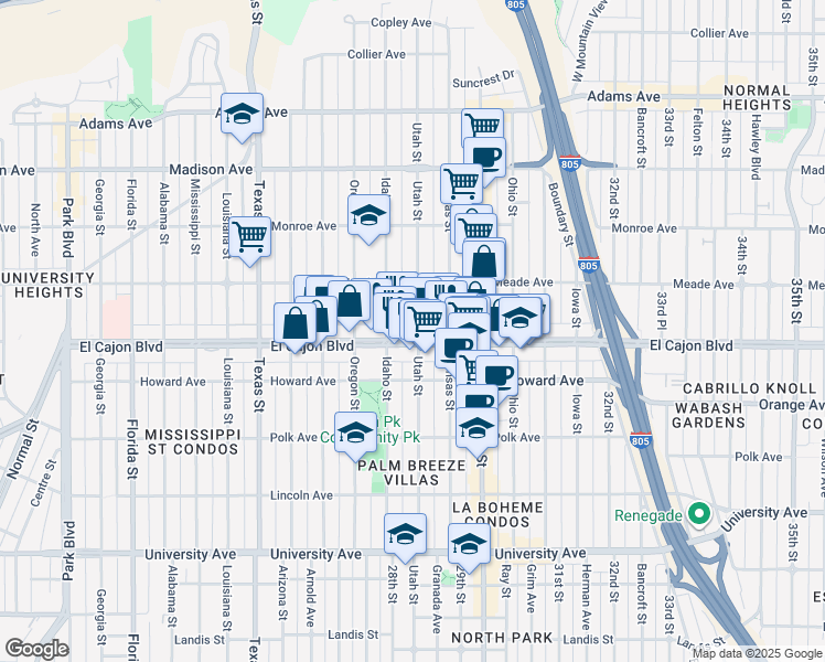 map of restaurants, bars, coffee shops, grocery stores, and more near 2808 El Cajon Boulevard in San Diego