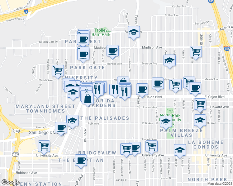 map of restaurants, bars, coffee shops, grocery stores, and more near 1810 El Cajon Boulevard in San Diego