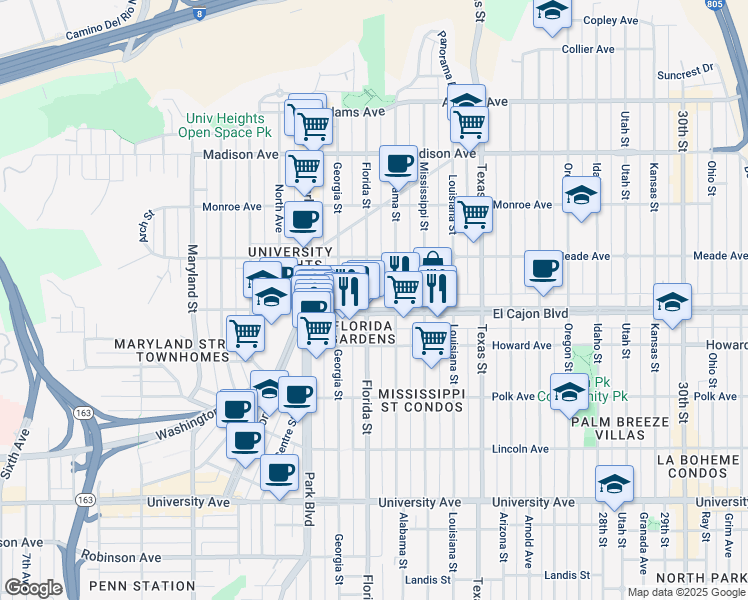 map of restaurants, bars, coffee shops, grocery stores, and more near 4316 Alabama Street in San Diego