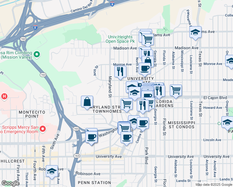 map of restaurants, bars, coffee shops, grocery stores, and more near 1440 Van Buren Avenue in San Diego