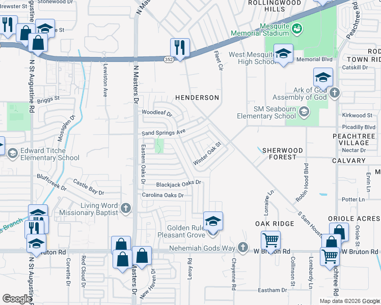 map of restaurants, bars, coffee shops, grocery stores, and more near 10452 Woodleaf Drive in Dallas