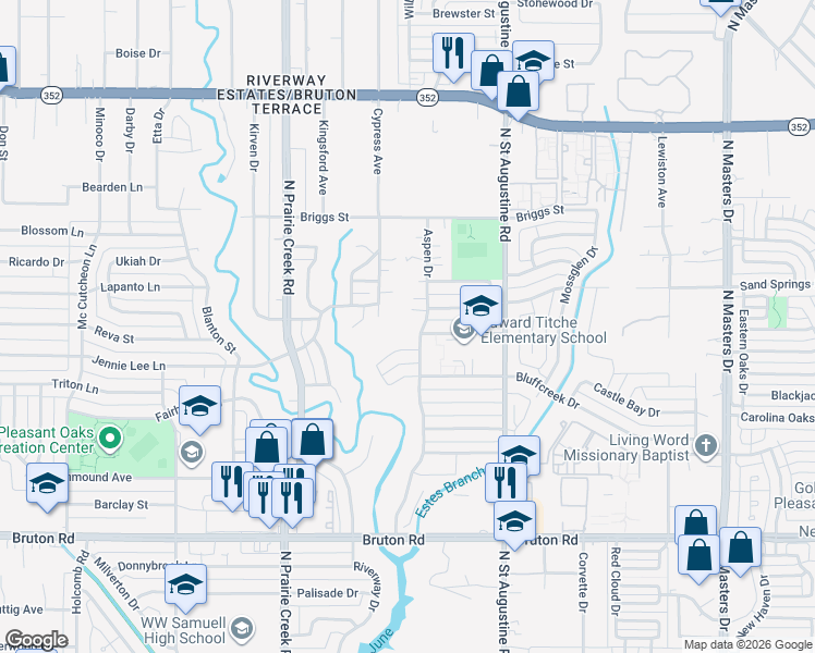map of restaurants, bars, coffee shops, grocery stores, and more near 9507 Highfield Drive in Dallas