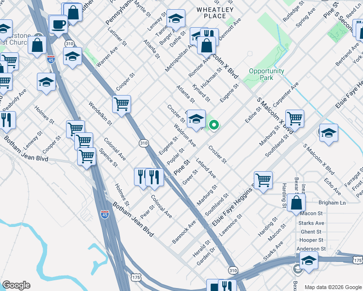 map of restaurants, bars, coffee shops, grocery stores, and more near 2311 Poplar Street in Dallas