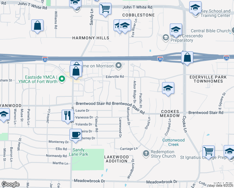 map of restaurants, bars, coffee shops, grocery stores, and more near 7537 Hedgewood Court in Fort Worth