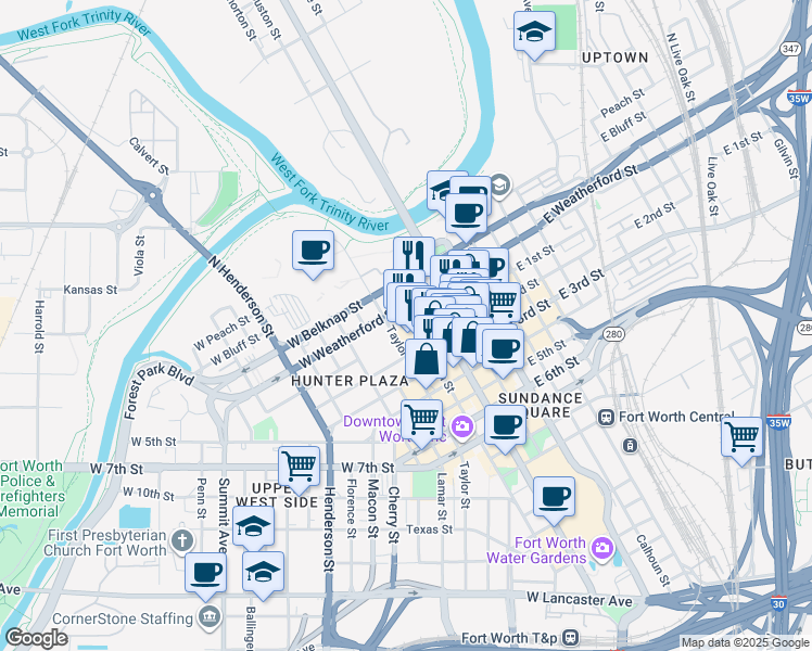 map of restaurants, bars, coffee shops, grocery stores, and more near 180 Taylor Street in Fort Worth