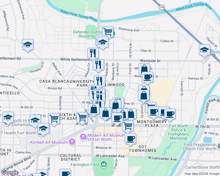 map of restaurants, bars, coffee shops, grocery stores, and more near in Fort Worth