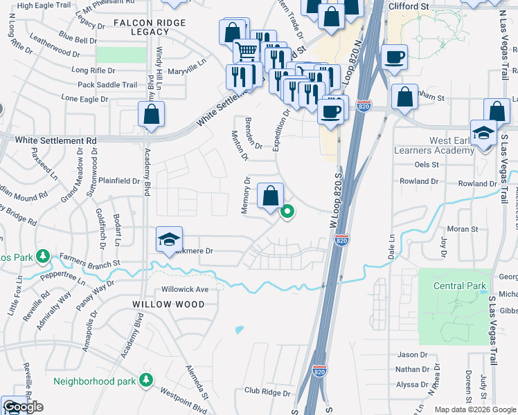 map of restaurants, bars, coffee shops, grocery stores, and more near 9617 Linton Drive in Fort Worth