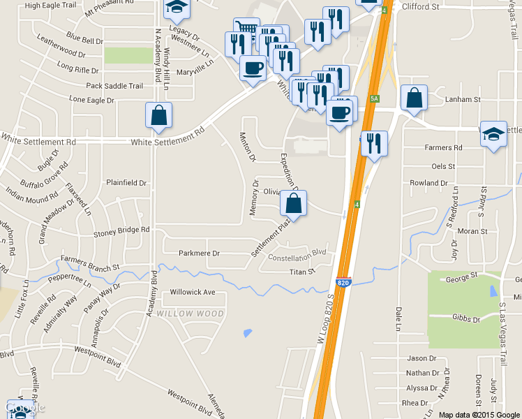 map of restaurants, bars, coffee shops, grocery stores, and more near 9640 Orinda Drive in Fort Worth