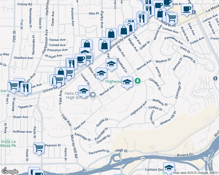 map of restaurants, bars, coffee shops, grocery stores, and more near 7631 Normal Avenue in La Mesa