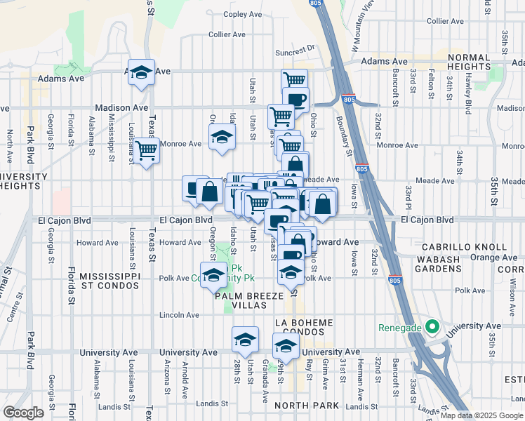 map of restaurants, bars, coffee shops, grocery stores, and more near 2878 El Cajon Boulevard in San Diego