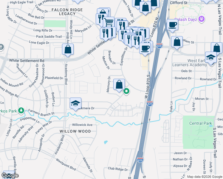 map of restaurants, bars, coffee shops, grocery stores, and more near 9640 Orinda Drive in Fort Worth