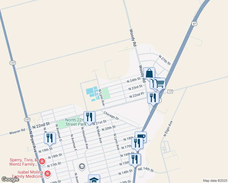 map of restaurants, bars, coffee shops, grocery stores, and more near 212 North 23rd Street in Lamesa