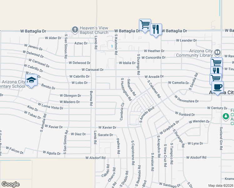 map of restaurants, bars, coffee shops, grocery stores, and more near 11122 Cambria Circle in Arizona City