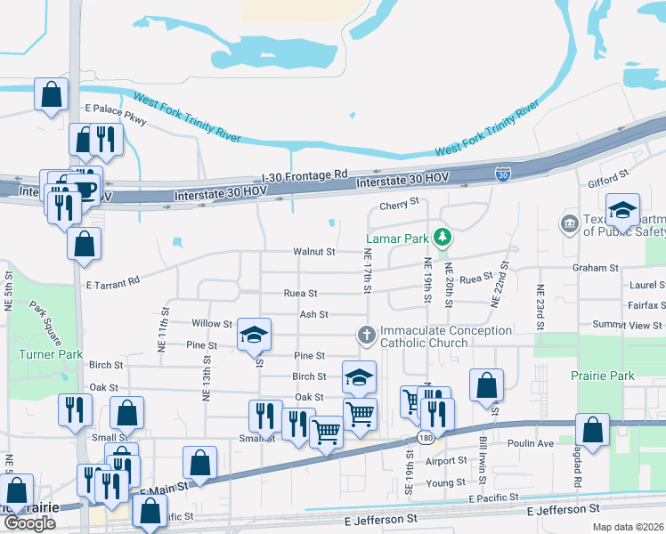map of restaurants, bars, coffee shops, grocery stores, and more near 1638 Cottonwood Street in Grand Prairie