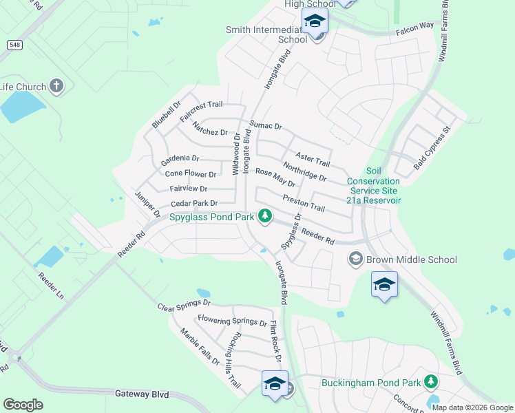 map of restaurants, bars, coffee shops, grocery stores, and more near 2125 Chisolm Trail in Forney