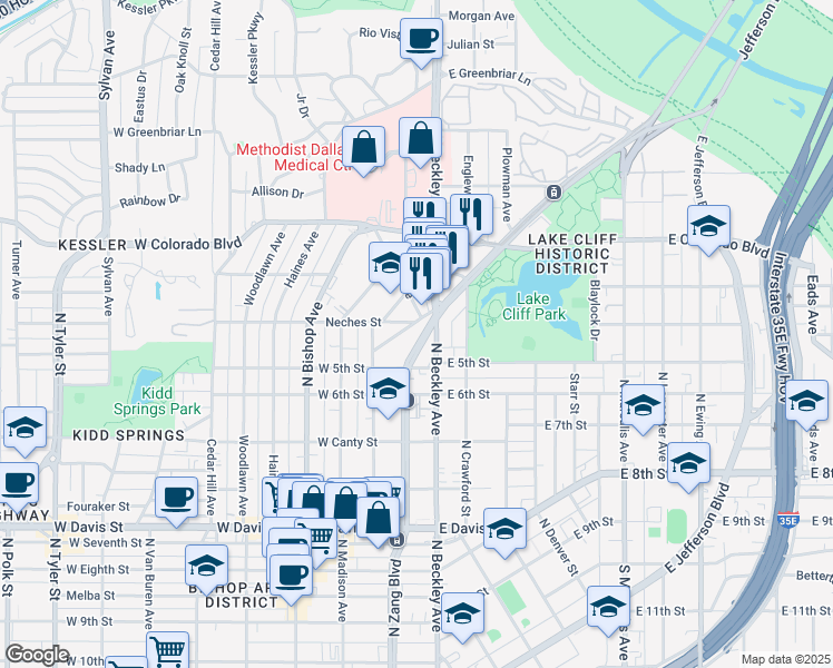 map of restaurants, bars, coffee shops, grocery stores, and more near 1033 North Zang Boulevard in Dallas