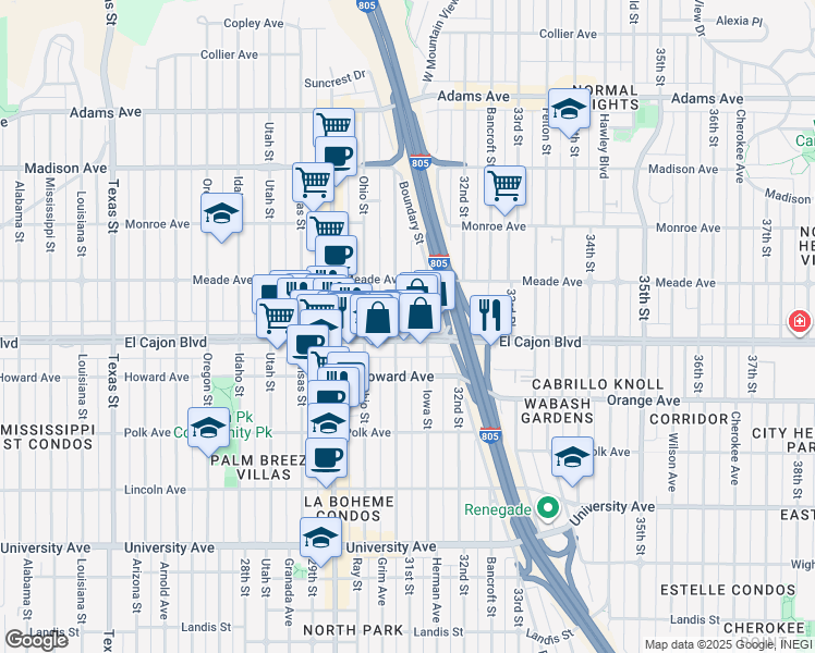 map of restaurants, bars, coffee shops, grocery stores, and more near 3118-20 El Cajon Boulevard in San Diego