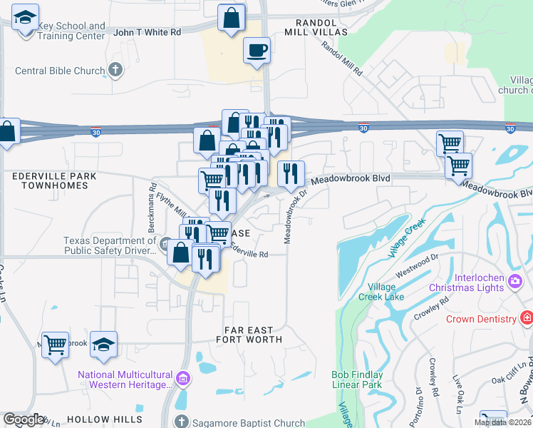 map of restaurants, bars, coffee shops, grocery stores, and more near 1601 Eastchase Parkway in Fort Worth