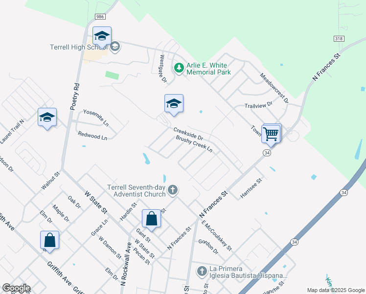 map of restaurants, bars, coffee shops, grocery stores, and more near 111 Shady Creek Lane in Terrell