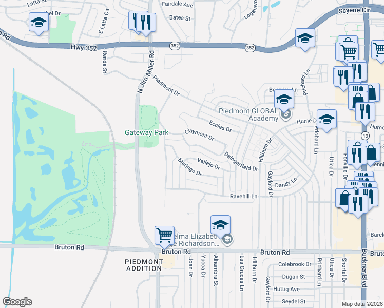 map of restaurants, bars, coffee shops, grocery stores, and more near 7317 Vallejo Drive in Dallas
