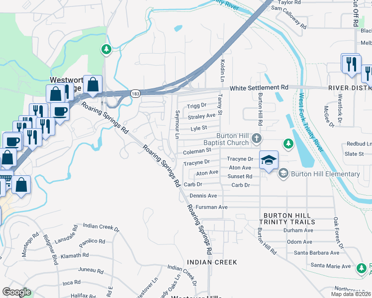 map of restaurants, bars, coffee shops, grocery stores, and more near 5856 Coleman Street in Westworth Village