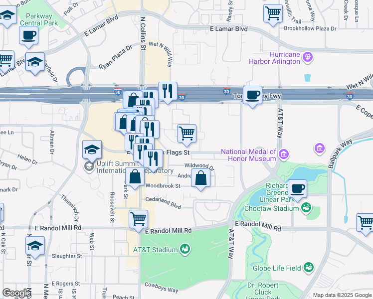 map of restaurants, bars, coffee shops, grocery stores, and more near 1109 East Road to Six Flags Street in Arlington