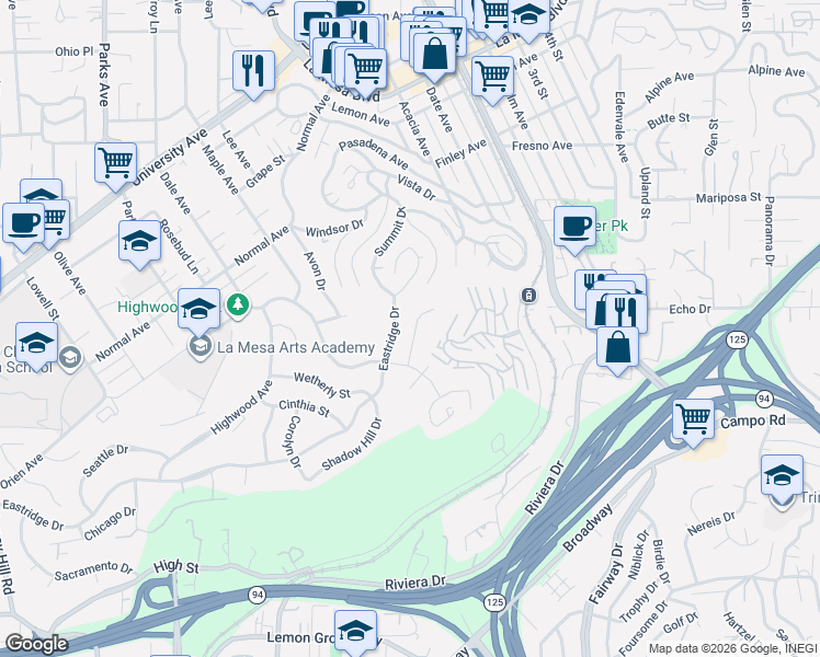 map of restaurants, bars, coffee shops, grocery stores, and more near 4235 Eastridge Drive in La Mesa