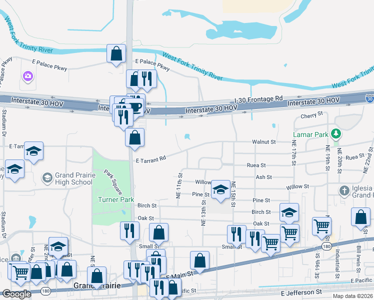 map of restaurants, bars, coffee shops, grocery stores, and more near Tarrant Road in Grand Prairie