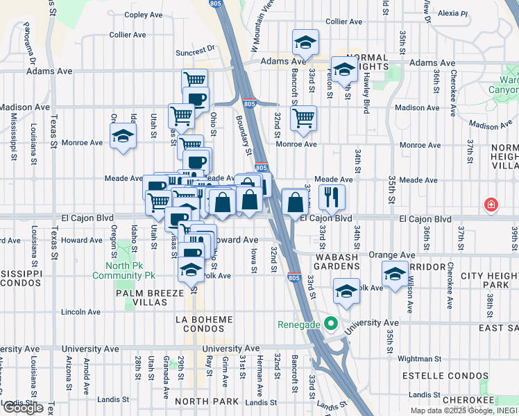 map of restaurants, bars, coffee shops, grocery stores, and more near 3154 El Cajon Boulevard in San Diego