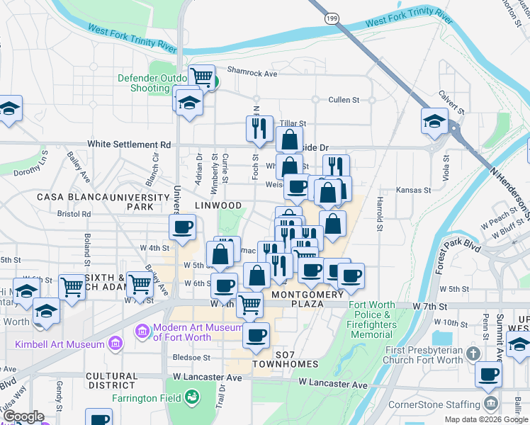 map of restaurants, bars, coffee shops, grocery stores, and more near 2720 Azalea Avenue in Fort Worth