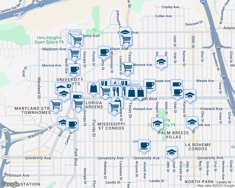 map of restaurants, bars, coffee shops, grocery stores, and more near 2200 El Cajon Boulevard in San Diego