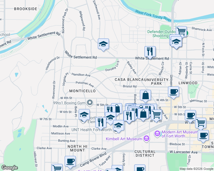 map of restaurants, bars, coffee shops, grocery stores, and more near 3606 Hamilton Avenue in Fort Worth