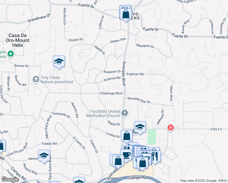 map of restaurants, bars, coffee shops, grocery stores, and more near 10764 Challenge Boulevard in La Mesa