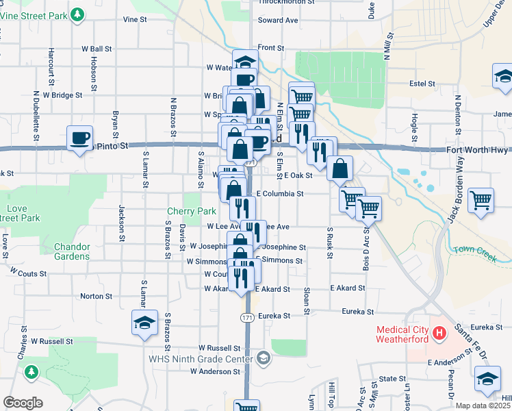 map of restaurants, bars, coffee shops, grocery stores, and more near 303 South Main Street in Weatherford