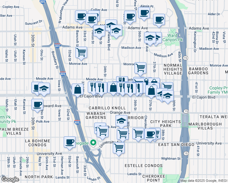 map of restaurants, bars, coffee shops, grocery stores, and more near 4319 Swift Avenue in San Diego