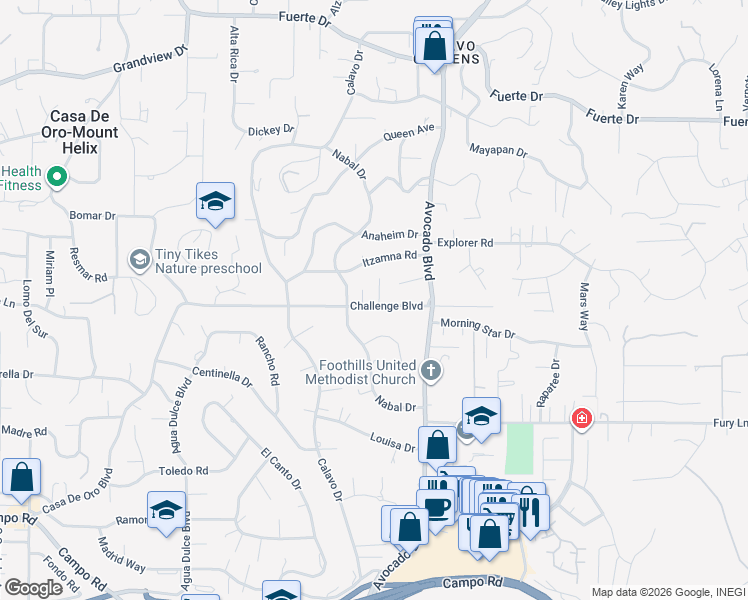 map of restaurants, bars, coffee shops, grocery stores, and more near 10735 Challenge Boulevard in La Mesa