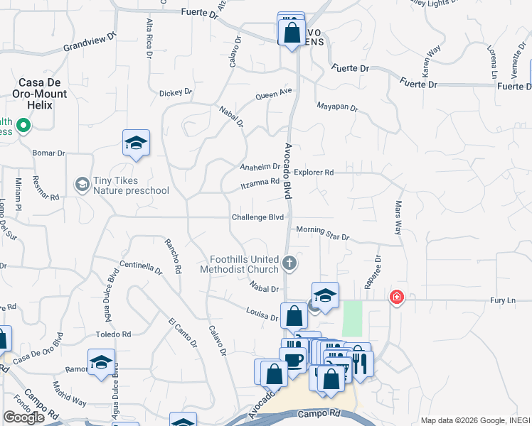 map of restaurants, bars, coffee shops, grocery stores, and more near 10764 Challenge Boulevard in La Mesa