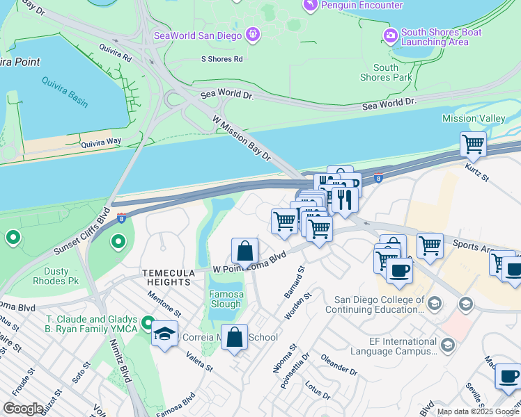 map of restaurants, bars, coffee shops, grocery stores, and more near 3249 Loma Riviera Drive in San Diego