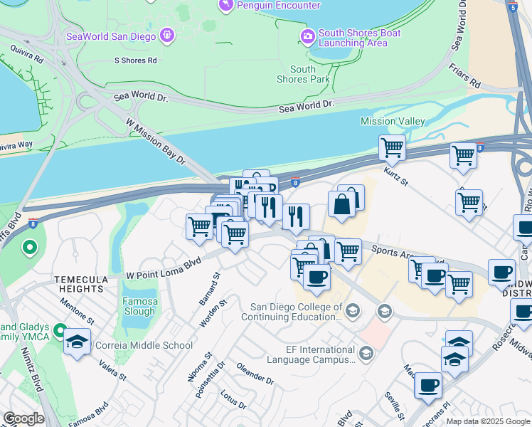 map of restaurants, bars, coffee shops, grocery stores, and more near 4004 Sports Arena Boulevard in San Diego