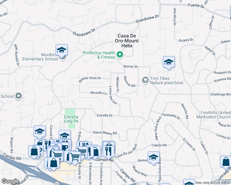 map of restaurants, bars, coffee shops, grocery stores, and more near 4259 Lomo Del Sur in La Mesa
